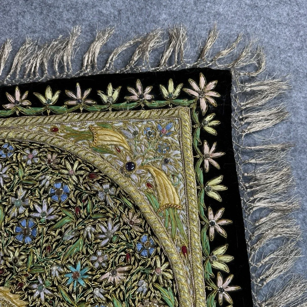 Vintage India Embroidered Wall Hanging Tapestry Beaded Ornate Black Gold Velvet